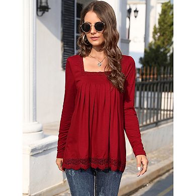 Long Sleeve Tunic Tops for Women Plus Size Square Neck T Shirt Solid Color Fall Lace Blouse