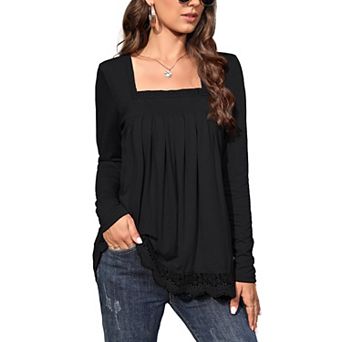 Long Sleeve Tunic Tops for Women Plus Size Square Neck T Shirt Solid Color Fall Lace Blouse