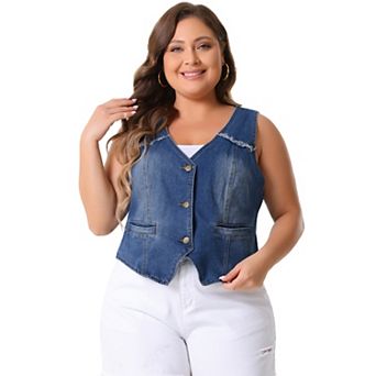 Women's Plus Size Denim Vest Sleeveless V Neck Washed Distressed Waistcoat Vests Jean Jackets