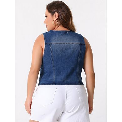 Women's Plus Size Denim Vest Sleeveless V Neck Washed Distressed Waistcoat Vests Jean Jackets