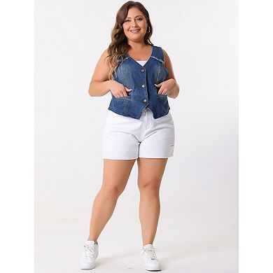 Women's Plus Size Denim Vest Sleeveless V Neck Washed Distressed Waistcoat Vests Jean Jackets