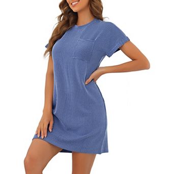 Womens Short Sleeve Casual Night Shirt Stripe Knit Round Neck Loungewear Nightgowns