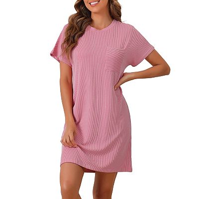 Womens Short Sleeve Casual Night Shirt Stripe Knit Round Neck Loungewear  Nightgowns
