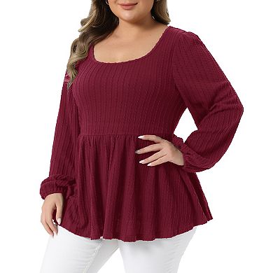 Plus Size Blouses for Women Scoop Neck Long Sleeve Ruffle Hem Peplum Knit Tops