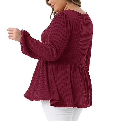 Plus Size Blouses for Women Scoop Neck Long Sleeve Ruffle Hem Peplum Knit Tops
