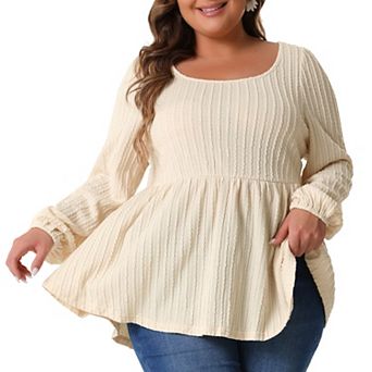 Plus Size Blouses for Women Scoop Neck Long Sleeve Ruffle Hem Peplum Knit Tops