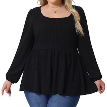 Plus Size Blouses for Women Scoop Neck Long Sleeve Ruffle Hem Peplum Knit Tops