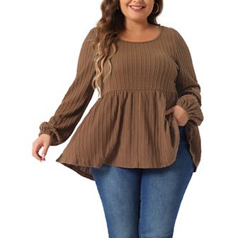 Plus Size Blouses for Women Scoop Neck Long Sleeve Ruffle Hem Peplum Knit Tops
