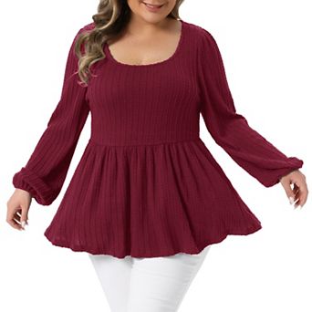 Plus Size Blouses for Women Scoop Neck Long Sleeve Ruffle Hem Peplum Knit Tops