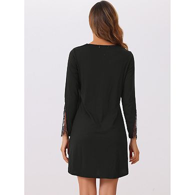 Womens Long Sleeve Nightgown Lace Trim V-Neck Nightshirt Sleepwear Pajama Dress