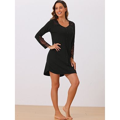 Womens Long Sleeve Nightgown Lace Trim V-Neck Nightshirt Sleepwear Pajama Dress