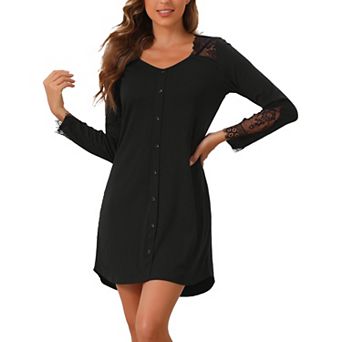 Womens Long Sleeve Nightgown Lace Trim V-Neck Nightshirt Sleepwear Pajama Dress