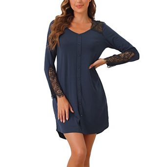 Womens Long Sleeve Nightgown Lace Trim V-Neck Nightshirt Sleepwear Pajama Dress