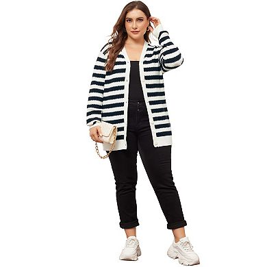 Plus Size Cardigan Sweater for Women Button Down Open Front Long Sleeve Striped Knit Cardigans