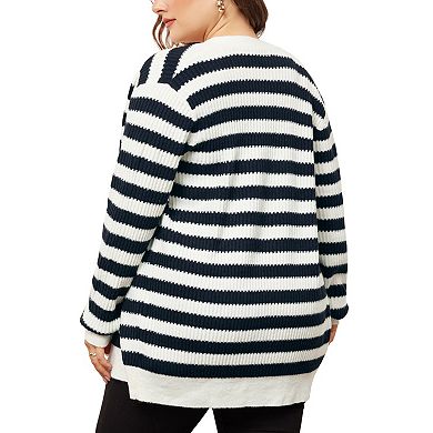 Plus Size Cardigan Sweater for Women Button Down Open Front Long Sleeve Striped Knit Cardigans