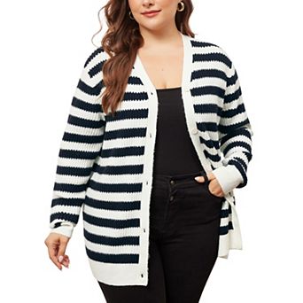Plus Size Cardigan Sweater for Women Button Down Open Front Long Sleeve Striped Knit Cardigans