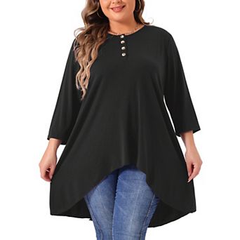 Plus Size Top For Women 3/4 Sleeve Buttons Crew Neck High Low Loose Fit Casual Tunic Tops Tee Shirts