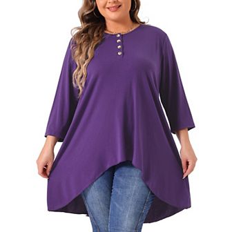 Plus Size Top For Women 3/4 Sleeve Buttons Crew Neck High Low Loose Fit Casual Tunic Tops Tee Shirts