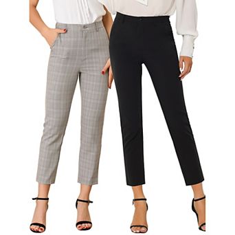 2 Packs Women's High Elastic Waist Back Ankle Length Plaid Work Pants