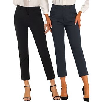 2 Packs Women's High Elastic Waist Back Ankle Length Plaid Work Pants