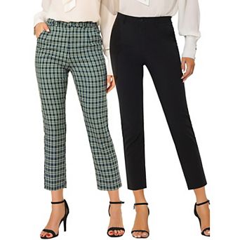 2 Packs Women's High Elastic Waist Back Ankle Length Plaid Work Pants