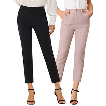 2 Packs Women's High Elastic Waist Back Ankle Length Plaid Work Pants