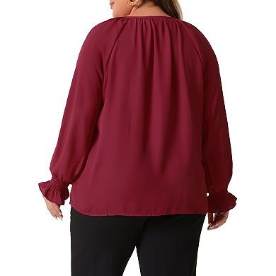 Plus Size Blouses For Women Casual V Neck Tops Drawstring Long Sleeve T Shirt Blouses