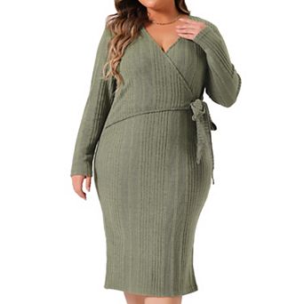 Plus Size Dress for Women Elegant Wrap V Neck Long Sleeve Back Slit Midi Dress with Belted