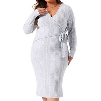 Plus Size Dress for Women Elegant Wrap V Neck Long Sleeve Back Slit Midi Dress with Belted