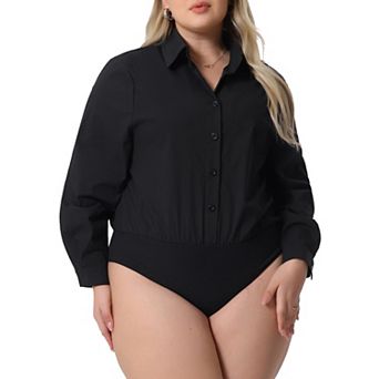 Plus Size Bodysuits For Women Button Down Long Sleeve Office Bodysuits Blouse Top