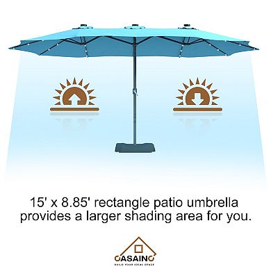 Casainc 15 Ft. Steel Patio Double-side Market Umbrella With Base And Solar Light With Base