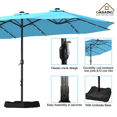 Casainc 15 Ft. Steel Patio Double-side Market Umbrella With Base And Solar Light With Base