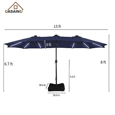 Casainc 15 Ft. Iron Market Patio Umbrella With Base And Solar Led Lights