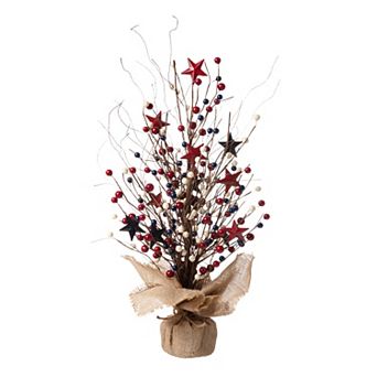 Glitzhome 20"h Patriotic Decorative Berry Table Tree With Stars, Artificial Tree Tabletop Decor