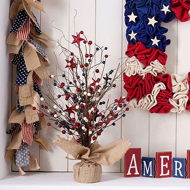 Glitzhome 20"h Patriotic Decorative Berry Table Tree With Stars, Artificial Tree Tabletop Decor