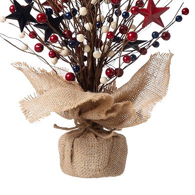 Glitzhome 20"h Patriotic Decorative Berry Table Tree With Stars, Artificial Tree Tabletop Decor
