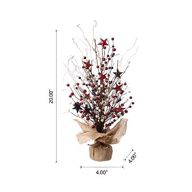 Glitzhome 20"h Patriotic Decorative Berry Table Tree With Stars, Artificial Tree Tabletop Decor