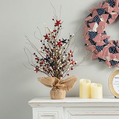 Glitzhome 20"h Patriotic Decorative Berry Table Tree With Stars, Artificial Tree Tabletop Decor