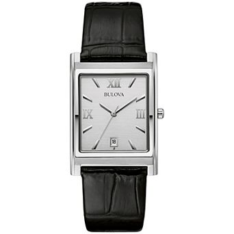Bulova Men's Stainless Steel Rectangular Black Leather Strap Watch - 96B107