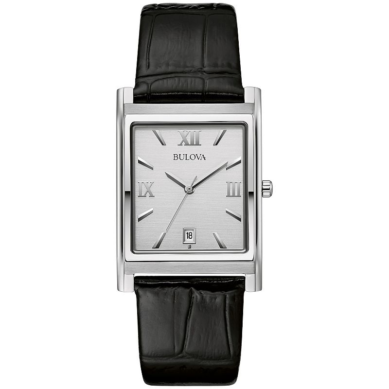 Bulova Men's Stainless Steel Rectangular Black Leather Strap Watch - 96B107, Size: Small