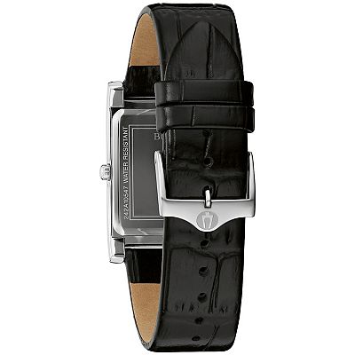 Bulova Men's Stainless Steel Rectangular Black Leather Strap Watch