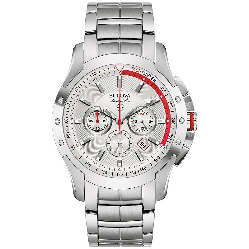 Bulova Men's Marine Star Stainless Steel White Dial Chronograph Bracelet Watch - 96B383, Size: Large, Silver