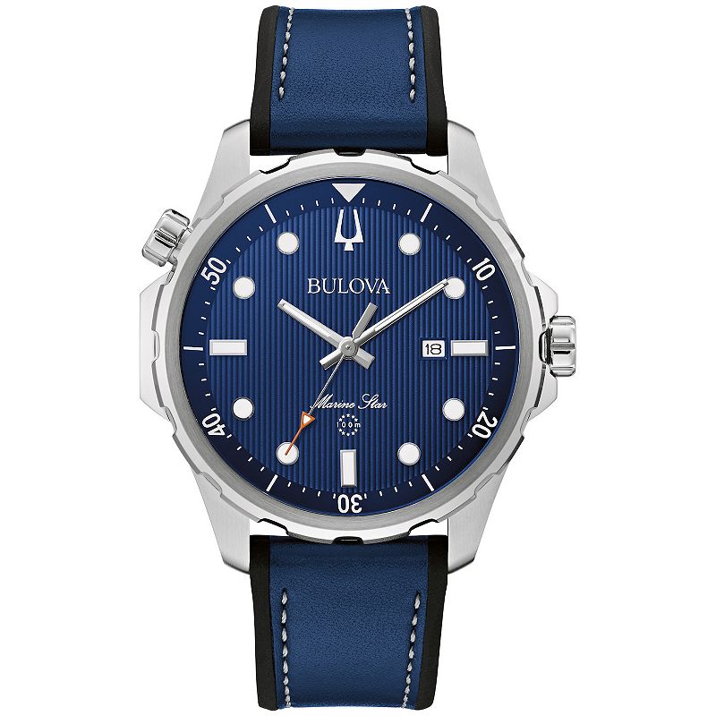 Bulova Men's Marine Star Stainless Steel Blue Dial Leather & Silicone Strap Watch - 96B419, Size: Large