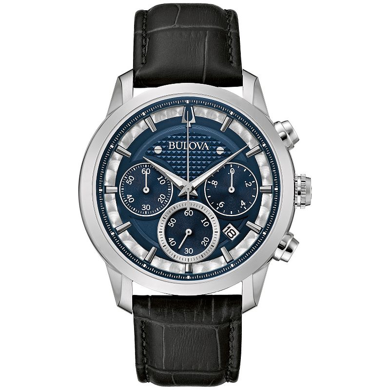 Bulova Men's Stainless Steel Blue Dial Chronograph Black Leather Strap Watch, Size: Large