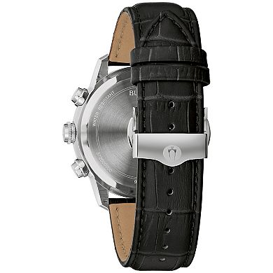 Bulova Men's Stainless Steel Blue Dial Chronograph Black Leather Strap Watch