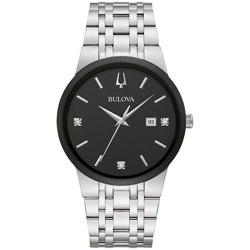 Bulova Men's Modern Stainless Steel Black Diamond Accent Bracelet Watch - 96D154, Size: Large, Silver