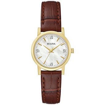 Bulova Women's Sutton Gold Tone Stainless Steel Diamond Accent Dial Brown Leather Strap Watch - 97P170