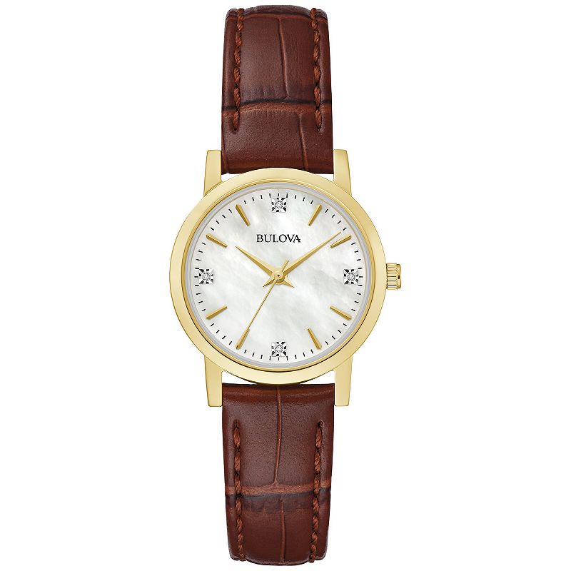Bulova Women's Sutton Gold Tone Stainless Steel Diamond Accent Dial Brown Leather Strap Watch - 97P170, Size: Small
