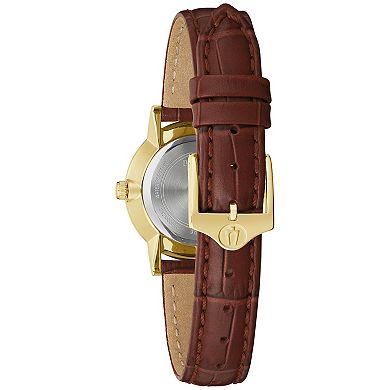 Bulova Women's Sutton Gold Tone Stainless Steel Diamond Accent Dial Brown Leather Strap Watch