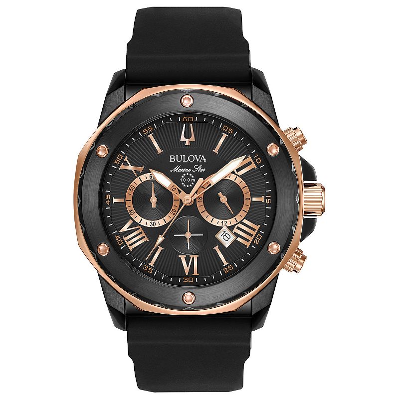 Bulova Men's Marine Star Stainless Steel Black Chronograph Black Rubber Strap Watch - 98B307, Size: Large